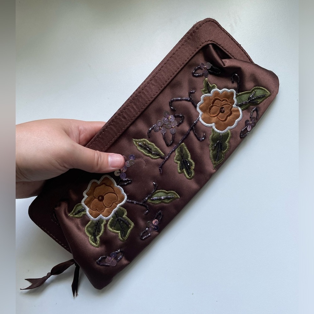 Beaded Floral Satin Clutch